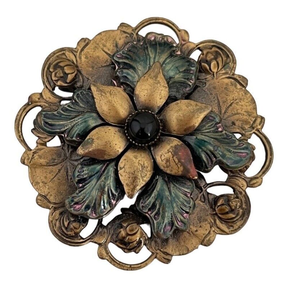 Vintage 1980s Floral Brooch Enamel Cabochon Antique Brass Tone - 6W